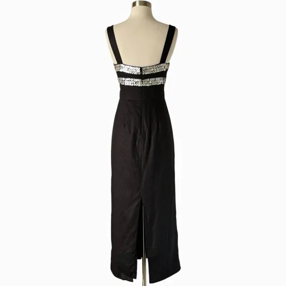 STAUD Mickey Dress 2 Black Linen Sequin Cutout Maxi Dress Evening - Picture 5 of 10